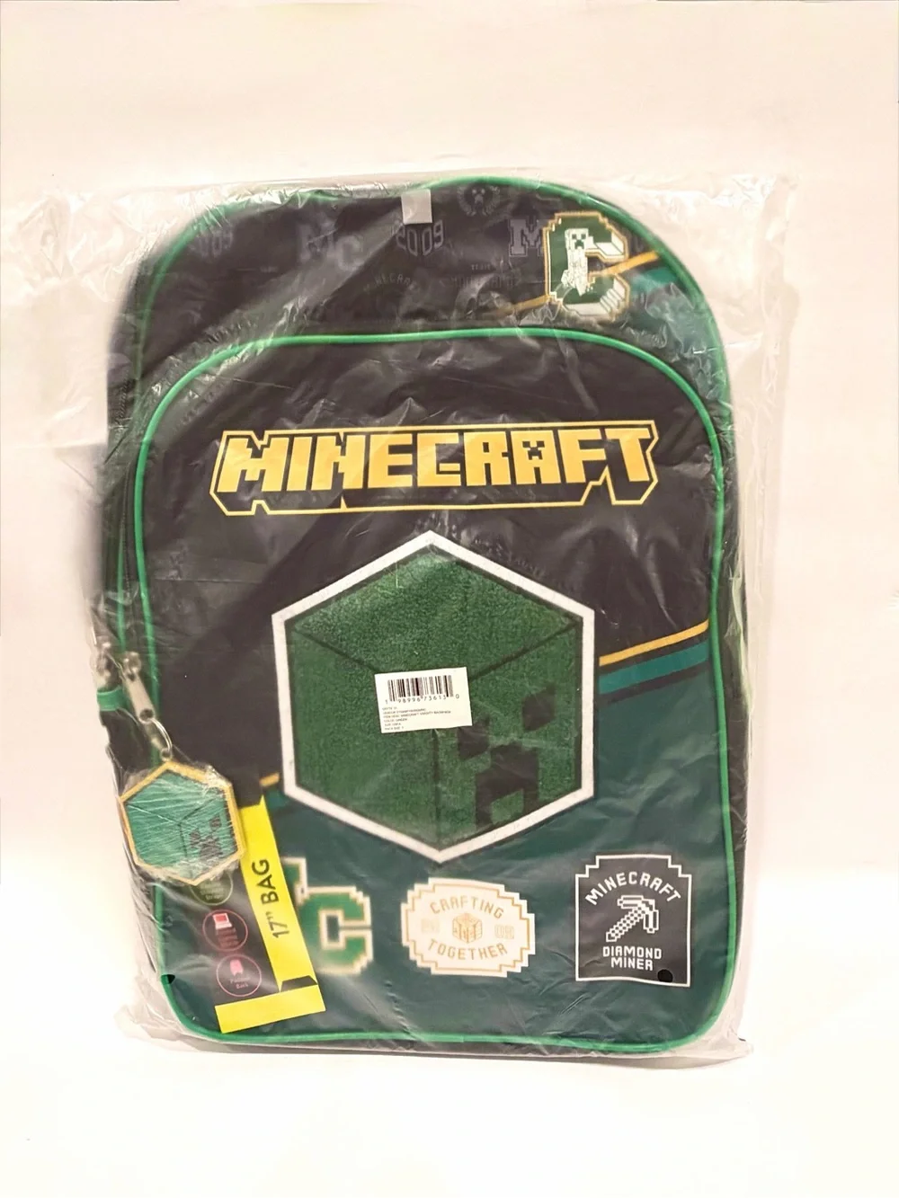 Minecraft Kids Green & Black 17” Backpack with Creeper Patch & Bag Charm